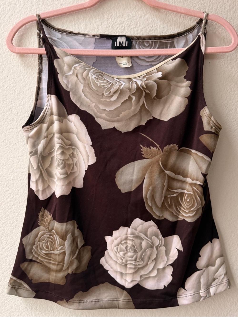 IMI Brown Floral Fairy Top Large Y2K 90s Rose Print Elegant Stretch Camisole L